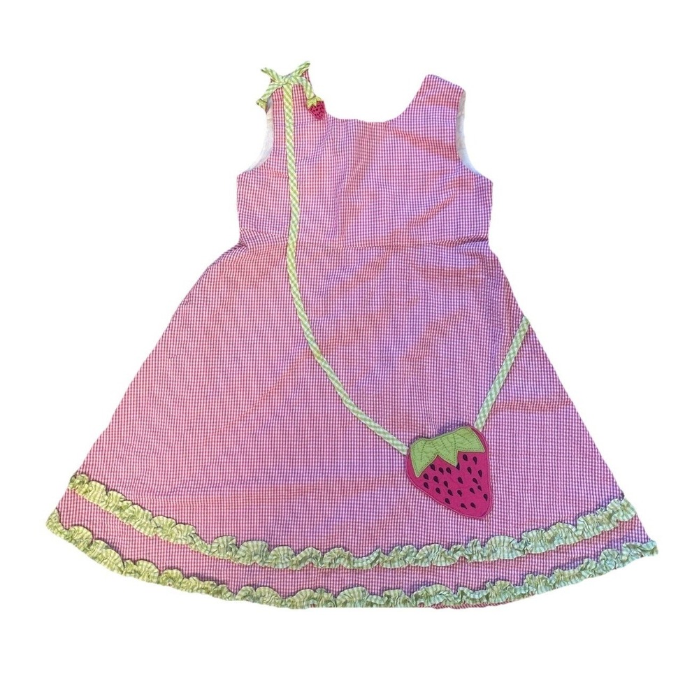 Blueberi Boulevard Girls Pink Gingham Strawberry Dress Size 6 Ruffle Hem girly